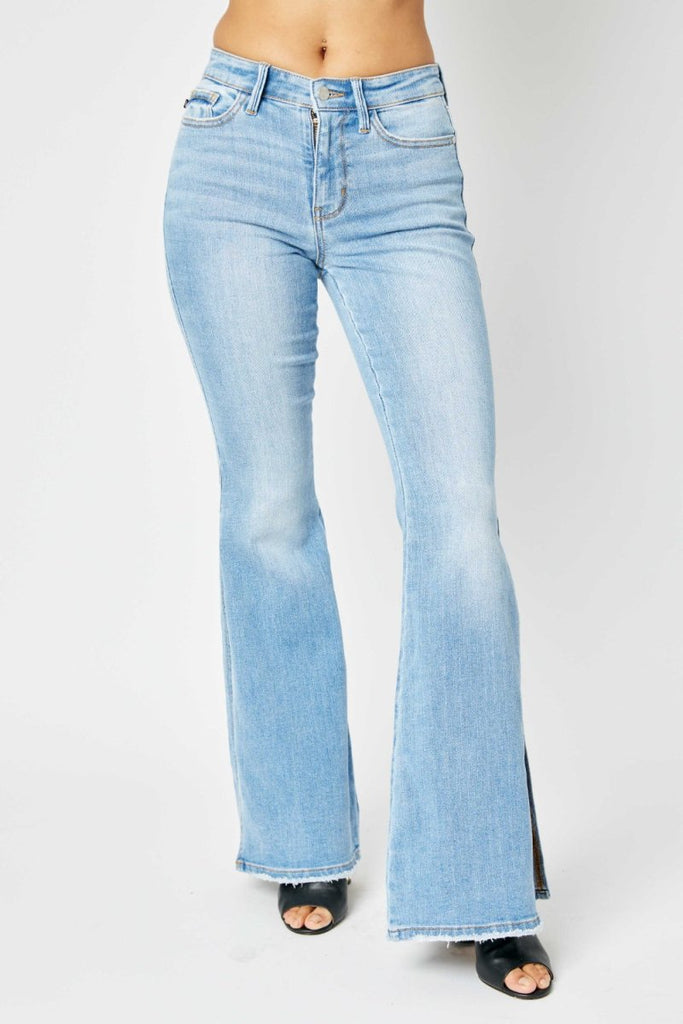 Judy Blue Full Size Mid Rise Raw Hem Slit Flare Jeans – Luxe