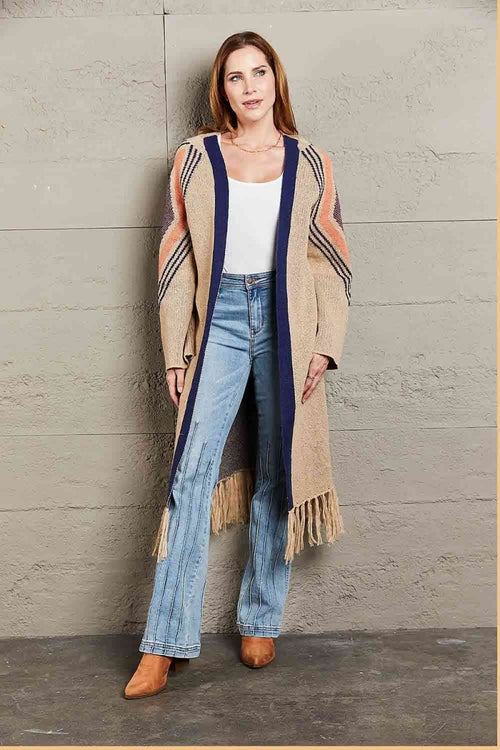 Geometric Fringe Hem Open Front Duster Cardigan - 3 Colors