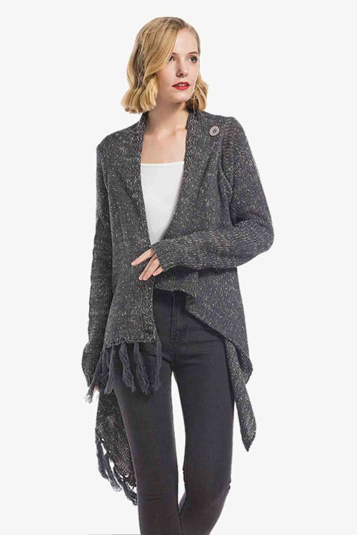 One-Button Tassel Tie Asymmetrical Hem Cardigan - 4 Colors