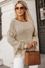 Khaki Boho Tasseled Knitted Sweater