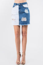 American Bazi Contrast Patched Frayed Denim Distressed Skirts - Luxe Shopping