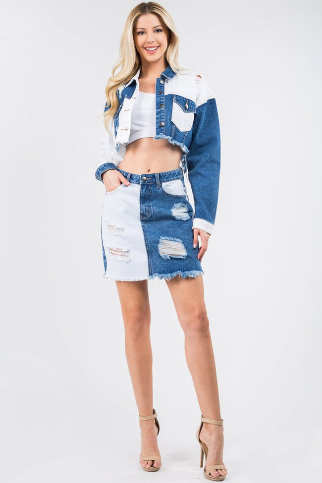 American Bazi Contrast Patched Frayed Denim Distressed Skirts - Luxe Shopping