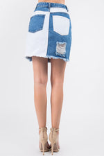 American Bazi Contrast Patched Frayed Denim Distressed Skirts - Luxe Shopping