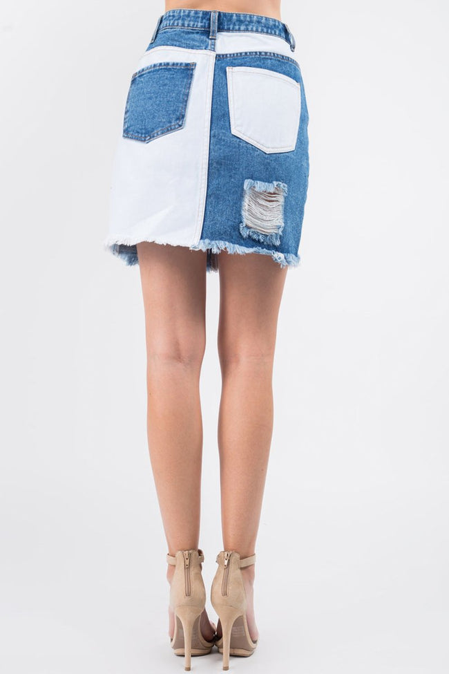 American Bazi Contrast Patched Frayed Denim Distressed Skirts - Luxe Shopping