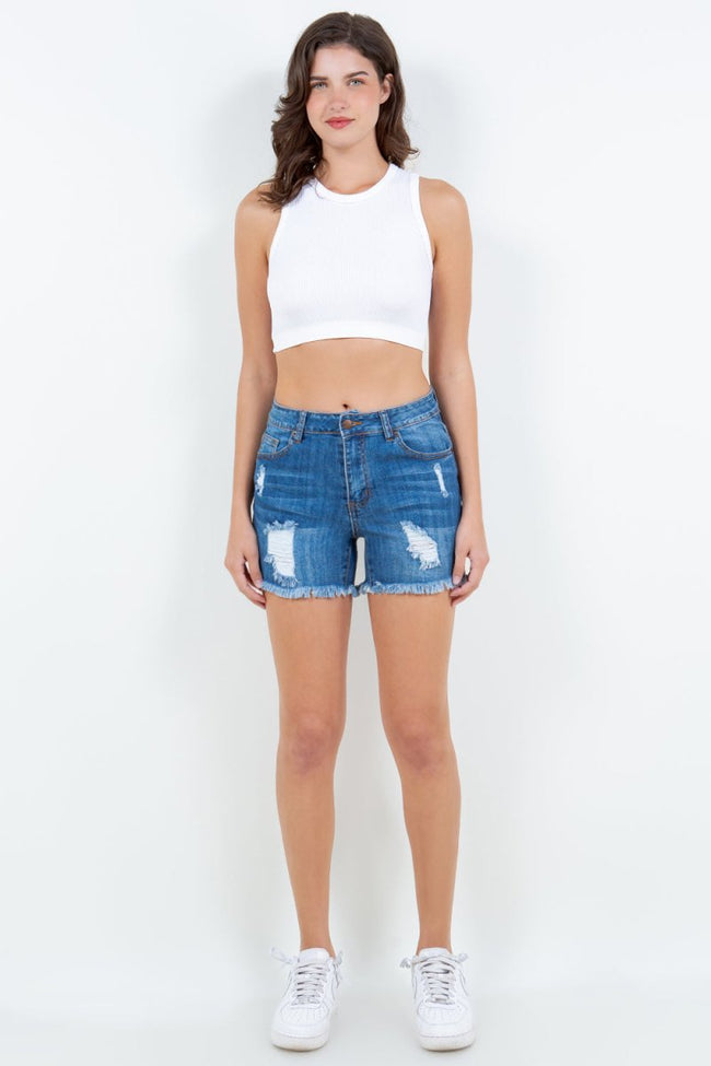 American Bazi High Waist Distressed Frayed Denim Shorts - Luxe Shopping