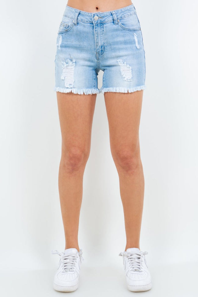 American Bazi High Waist Distressed Frayed Denim Shorts - Luxe Shopping