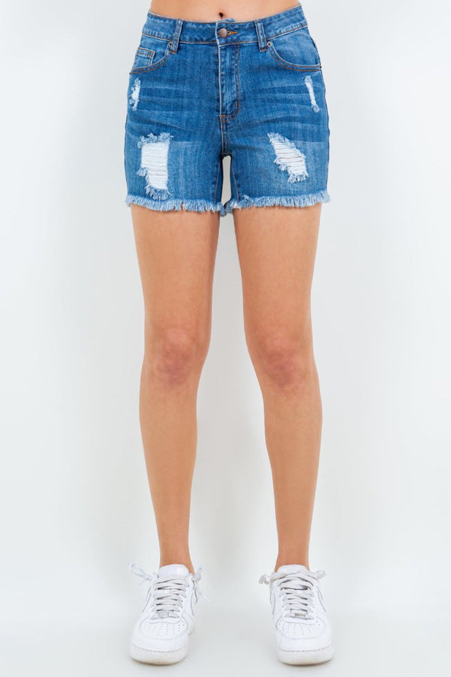 American Bazi High Waist Distressed Frayed Denim Shorts - Luxe Shopping