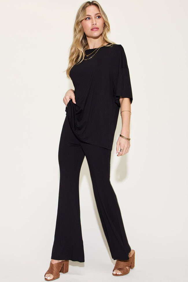 Basic Bae Full Size Bamboo Drop Shoulder T - Shirt and Flare Pants Set - Luxe Shopping