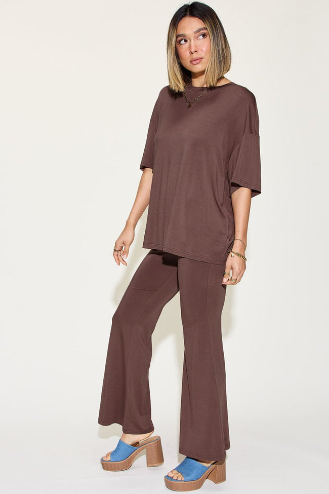 Basic Bae Full Size Bamboo Drop Shoulder T - Shirt and Flare Pants Set - Luxe Shopping