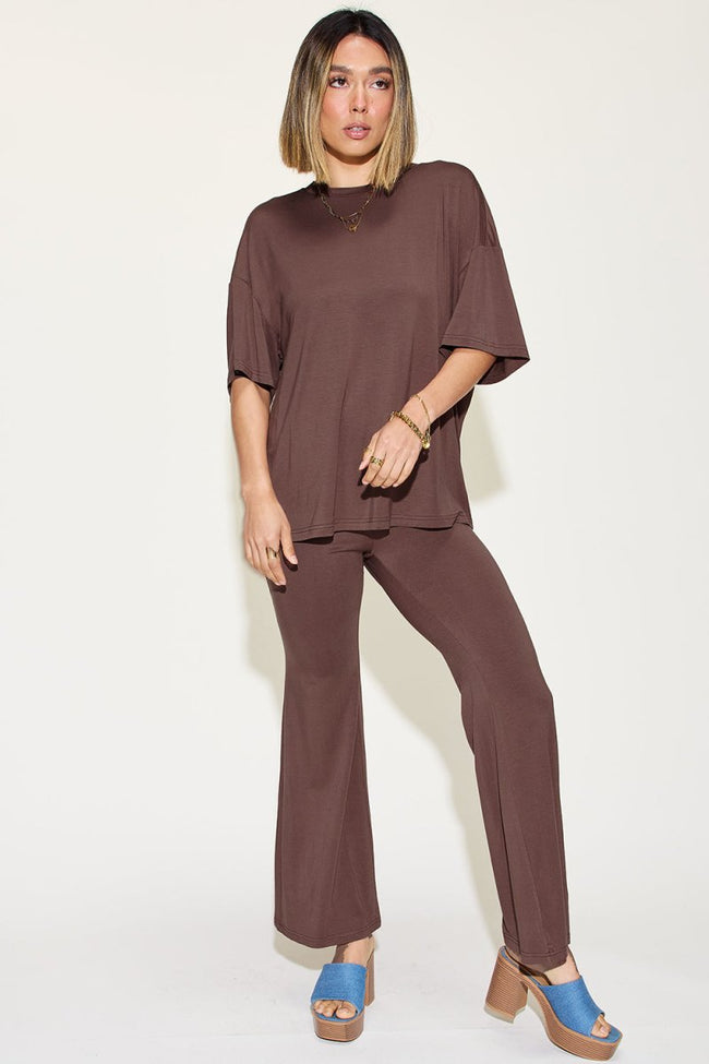 Basic Bae Full Size Bamboo Drop Shoulder T - Shirt and Flare Pants Set - Luxe Shopping