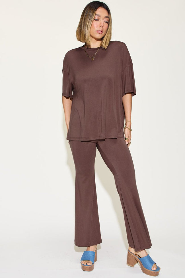 Basic Bae Full Size Bamboo Drop Shoulder T - Shirt and Flare Pants Set - Luxe Shopping