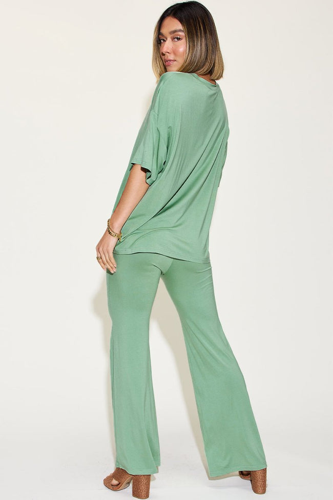 Basic Bae Full Size Bamboo Drop Shoulder T - Shirt and Flare Pants Set - Luxe Shopping