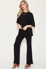 Basic Bae Full Size Bamboo Drop Shoulder T - Shirt and Flare Pants Set - Luxe Shopping