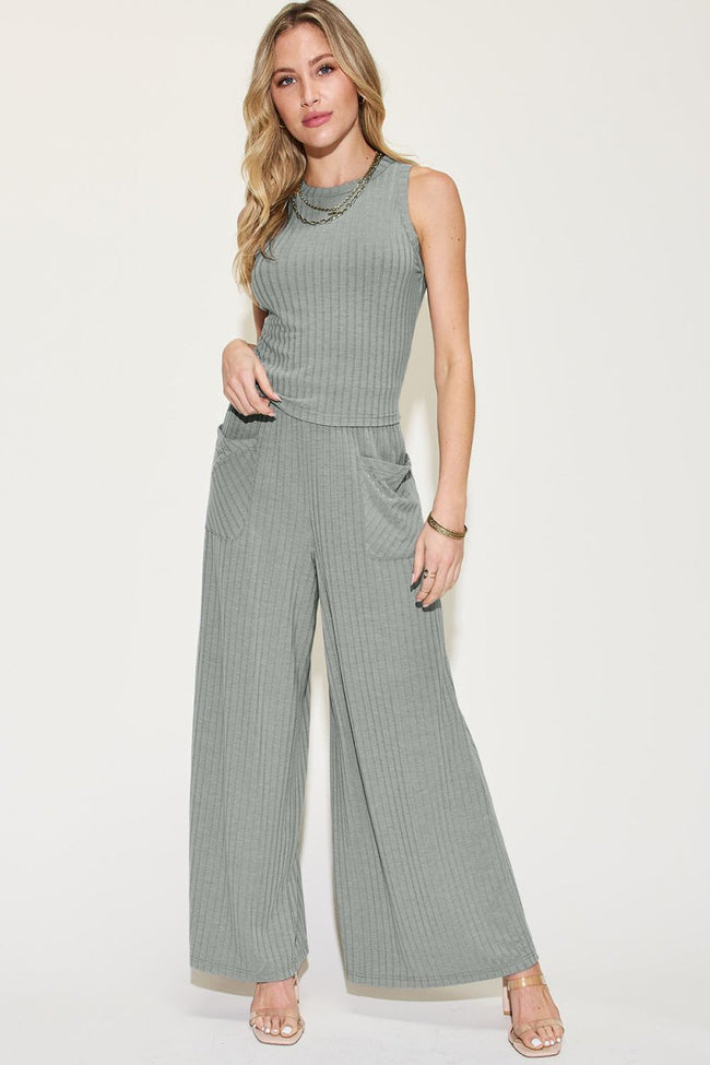 Basic Bae Full Size Ribbed Tank and Wide Leg Pants Set - Luxe Shopping