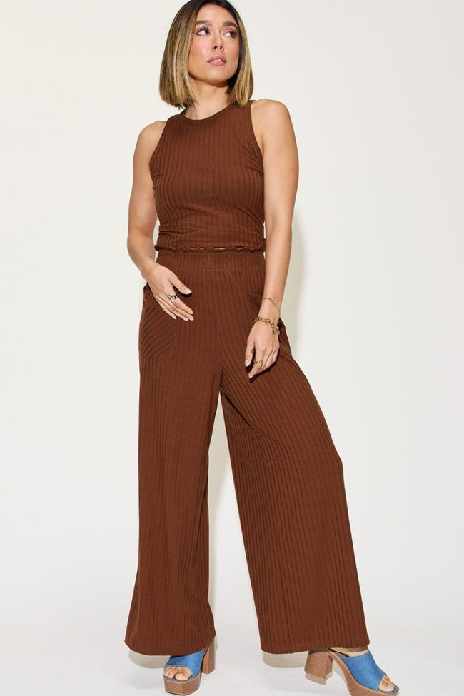 Basic Bae Full Size Ribbed Tank and Wide Leg Pants Set - Luxe Shopping