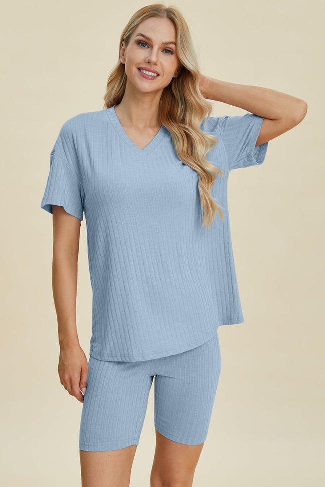 Basic Bae Full Size Ribbed V - Neck Short Sleeve Top and Shorts Set - Luxe Shopping