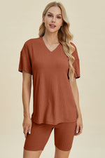 Basic Bae Full Size Ribbed V - Neck Short Sleeve Top and Shorts Set - Luxe Shopping