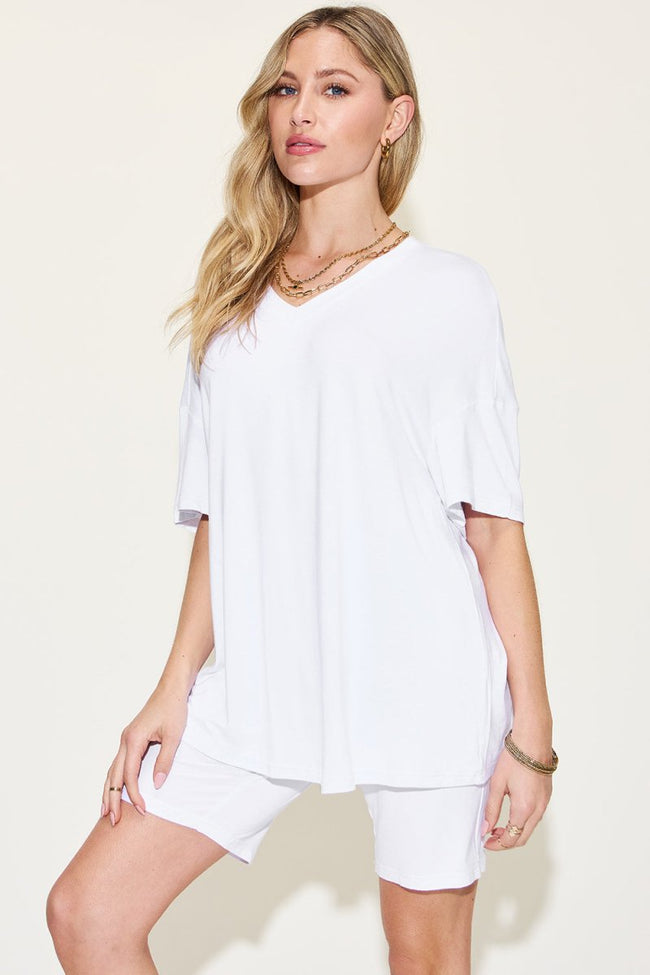 Basic Bae Full Size V - Neck Drop Shoulder T - Shirt and Shorts Set - Luxe Shopping