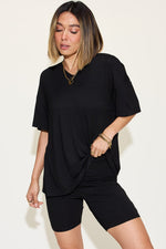 Basic Bae Full Size V - Neck Drop Shoulder T - Shirt and Shorts Set - Luxe Shopping