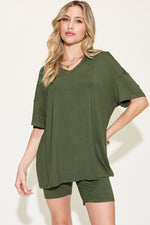 Basic Bae Full Size V - Neck Drop Shoulder T - Shirt and Shorts Set - Luxe Shopping