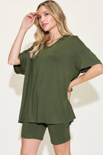 Basic Bae Full Size V - Neck Drop Shoulder T - Shirt and Shorts Set - Luxe Shopping