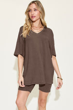 Basic Bae Full Size V - Neck Drop Shoulder T - Shirt and Shorts Set - Luxe Shopping