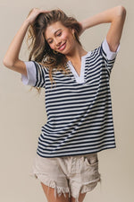 BiBi Contrast Striped Notched Knit Top - Luxe Shopping