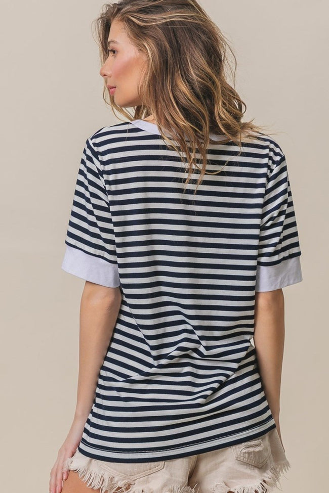 BiBi Contrast Striped Notched Knit Top - Luxe Shopping