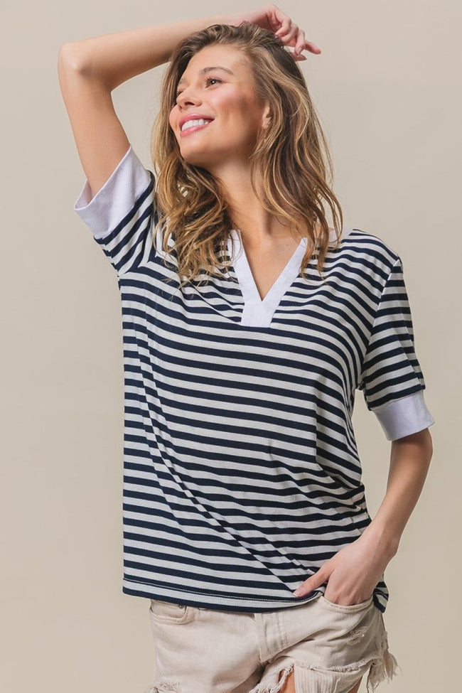 BiBi Contrast Striped Notched Knit Top - Luxe Shopping