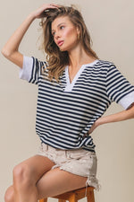 BiBi Contrast Striped Notched Knit Top - Luxe Shopping