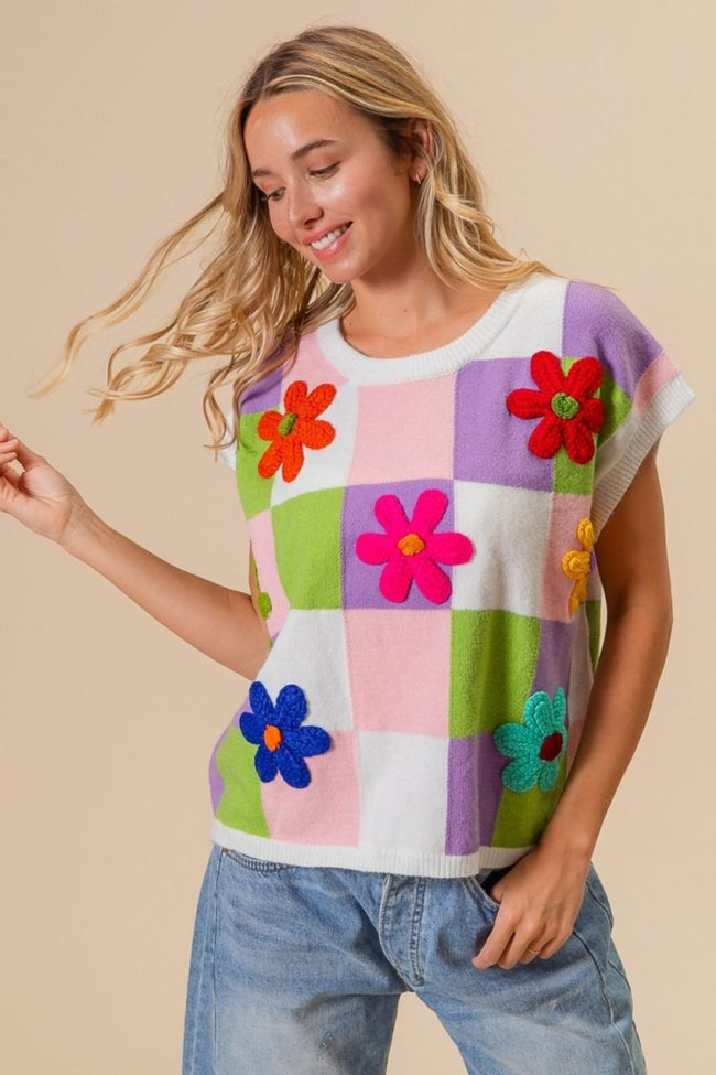 BiBi Flower Patch Checkered Sweater Vest - Luxe Shopping