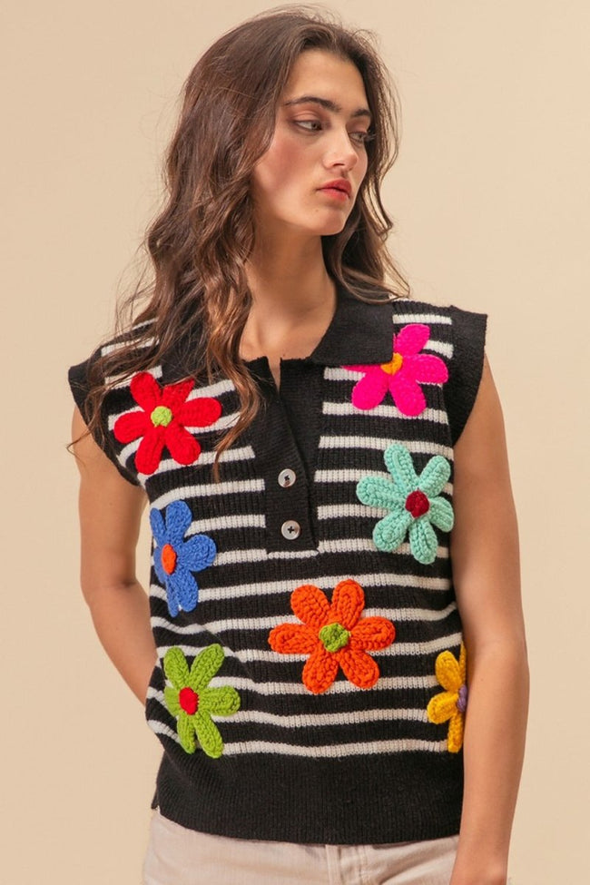 BiBi Flower Patch Striped Half Button Sweater Vest - Luxe Shopping