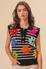 BiBi Flower Patch Striped Half Button Sweater Vest - Luxe Shopping