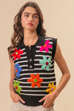 BiBi Flower Patch Striped Half Button Sweater Vest - Luxe Shopping