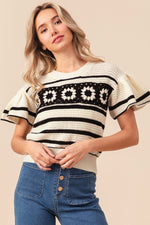 BiBi Granny Square Short Sleeve Striped Sweater - Luxe Shopping