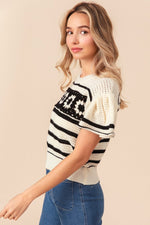 BiBi Granny Square Short Sleeve Striped Sweater - Luxe Shopping