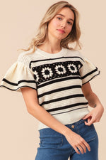 BiBi Granny Square Short Sleeve Striped Sweater - Luxe Shopping