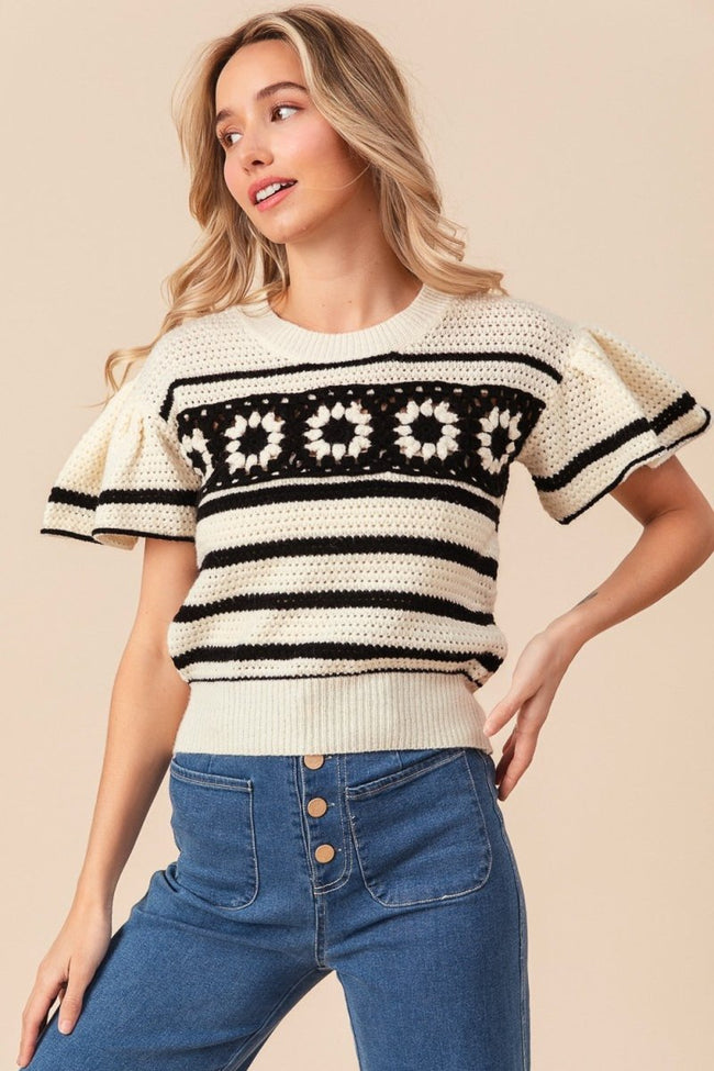 BiBi Granny Square Short Sleeve Striped Sweater - Luxe Shopping