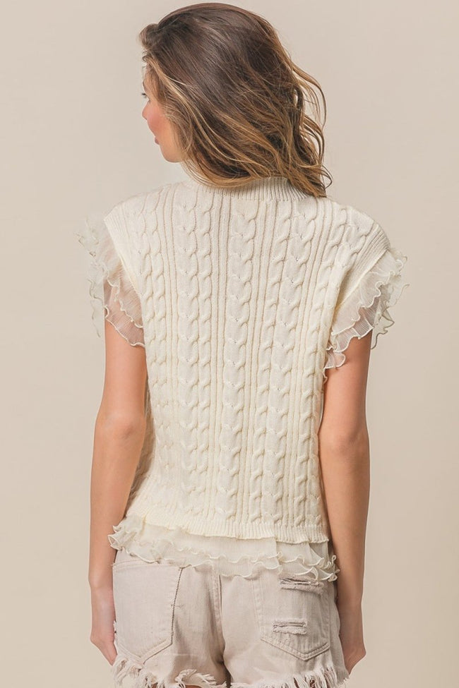 BiBi Layered Pleat Chiffon Edge Cable Knit Top - Luxe Shopping