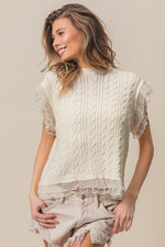 BiBi Layered Pleat Chiffon Edge Cable Knit Top - Luxe Shopping