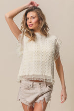 BiBi Layered Pleat Chiffon Edge Cable Knit Top - Luxe Shopping