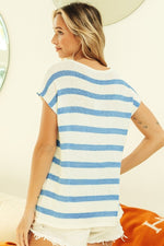 BiBi Striped Round Neck Short Sleeve Knit Top - Luxe Shopping