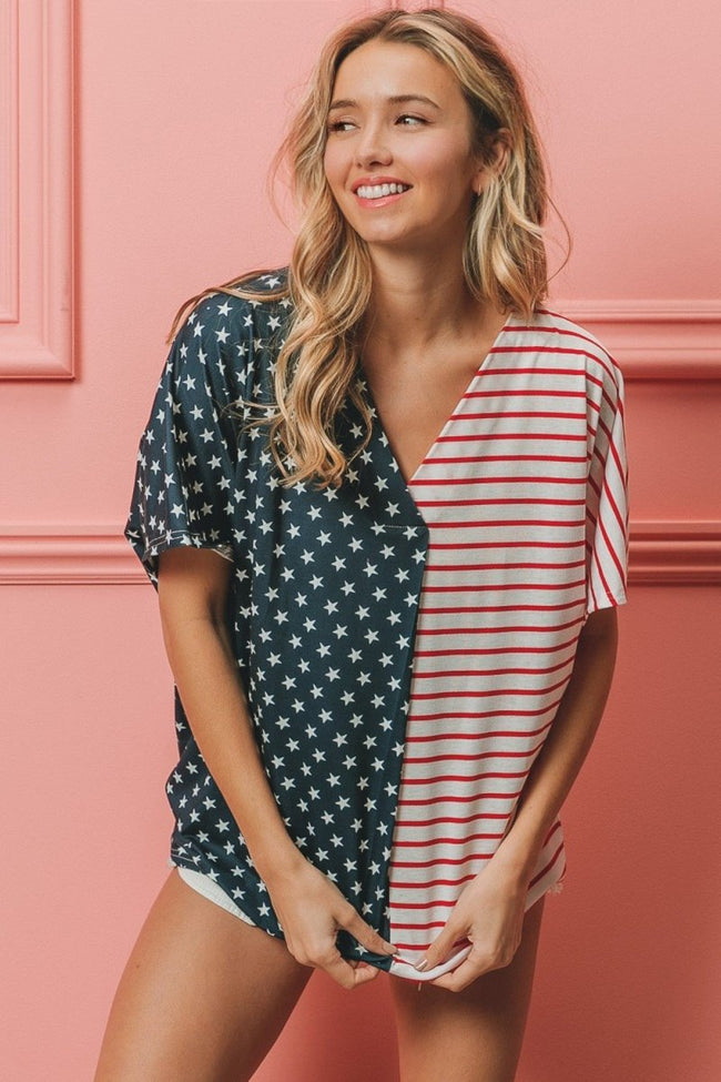 BiBi US Flag Themed Color Block Short Sleeve T - Shirt - Luxe Shopping