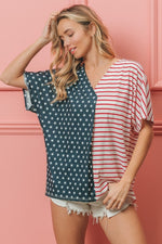 BiBi US Flag Themed Color Block Short Sleeve T - Shirt - Luxe Shopping