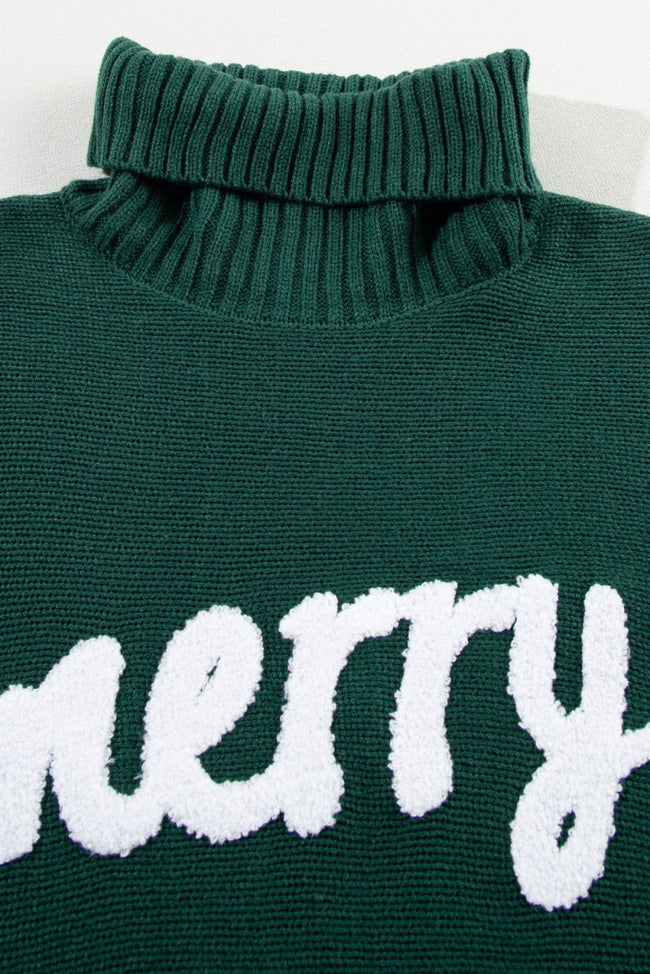 Blackish Green Merry Letter Embroidered High Neck Sweater - Luxe Shopping