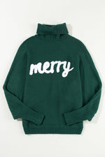 Blackish Green Merry Letter Embroidered High Neck Sweater - Luxe Shopping