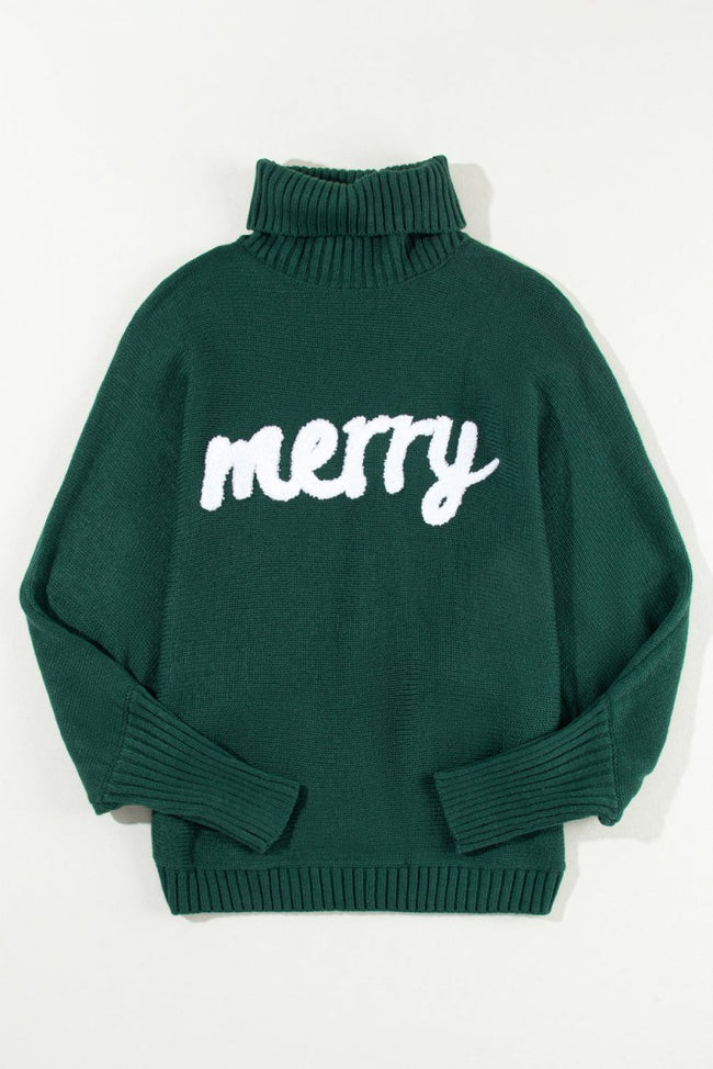 Blackish Green Merry Letter Embroidered High Neck Sweater - Luxe Shopping