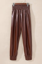 Brown Smocked High - Waist Leather Skinny Pants - Luxe Shopping