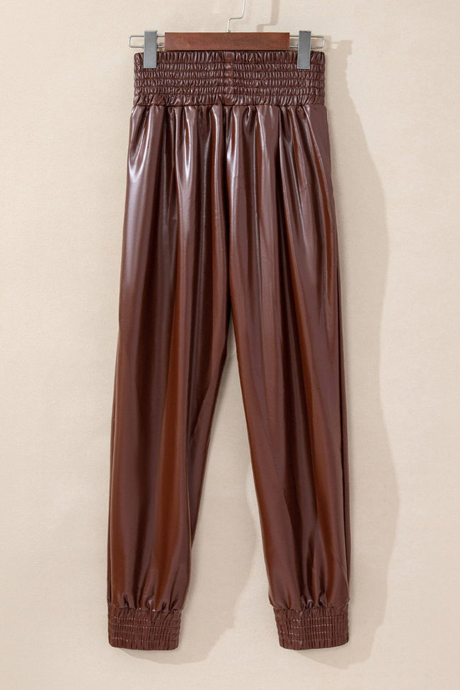 Brown Smocked High - Waist Leather Skinny Pants - Luxe Shopping