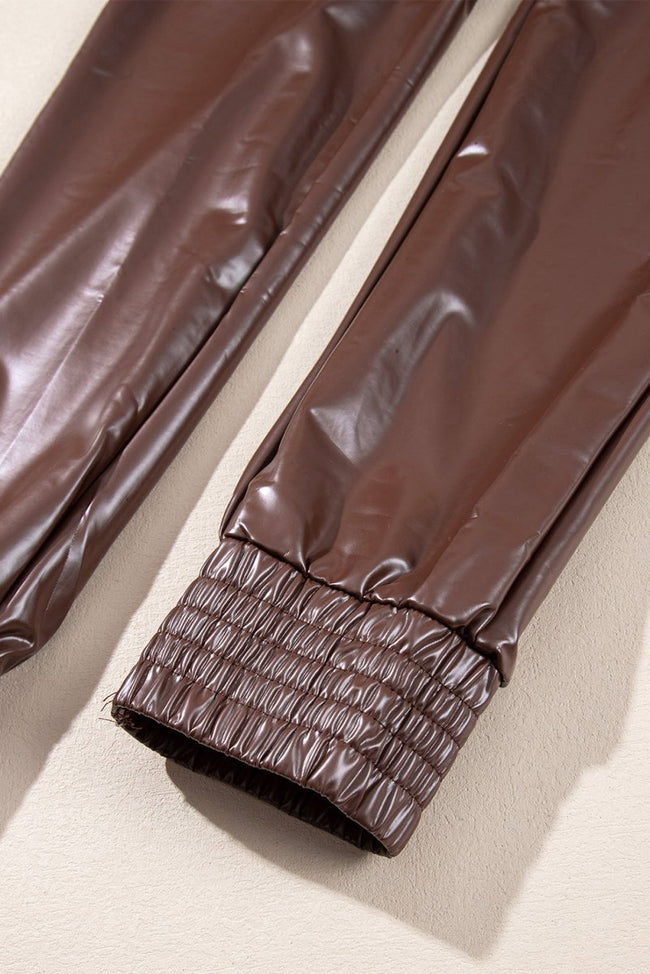 Brown Smocked High - Waist Leather Skinny Pants - Luxe Shopping